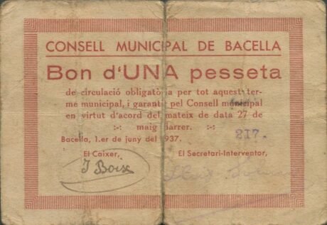 Аверс банкноты 1 песета Басселла (Испания) 1937 года