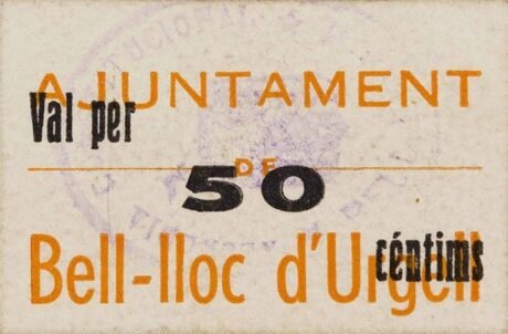 Аверс банкноты 50 сентимо Белллок д'Уржель (Испания)