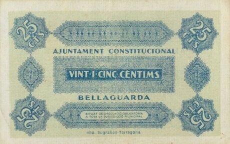 Реверс банкноты 25 centymów Bellaguarda (Hiszpania) 1937