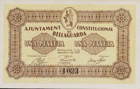 Аверс банкноты 1 peseta Bellaguarda (Hiszpania) 1937