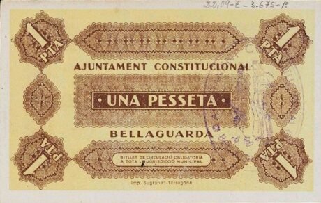 Реверс банкноты 1 peseta Bellaguarda (Hiszpania) 1937