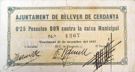 Аверс банкноты 0,25 песеты Бельвер де Серданья (Испания) 1937 года