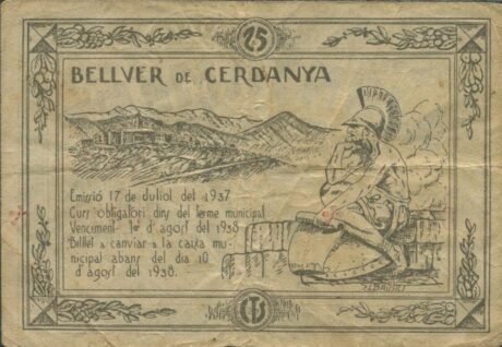 Реверс банкноты 25 centymów Belver de Cerdanha (Hiszpania) 1937