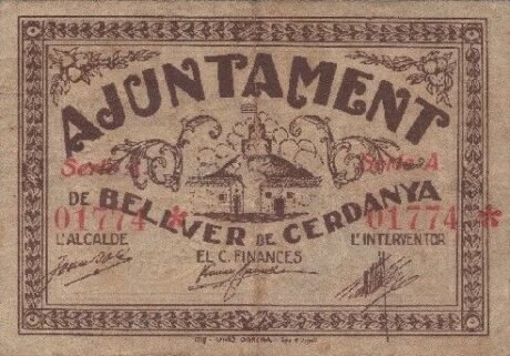 Аверс банкноты 50 сантимов Бельвер де Серданья (Испания) 1937 года