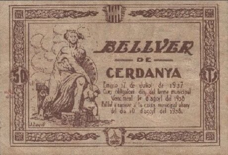 Реверс банкноты 50 сантимов Бельвер де Серданья (Испания) 1937 года