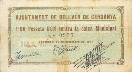 Аверс банкноты 1 песета Бельвер де Серданья (Испания) 1937 года