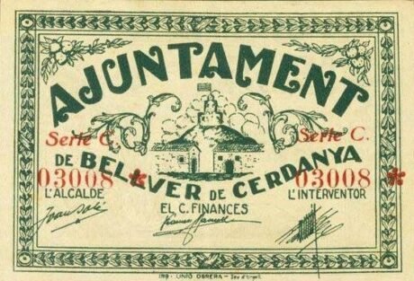 Аверс банкноты 1 peseta Belver de Cerdanha (Hiszpania) 1937