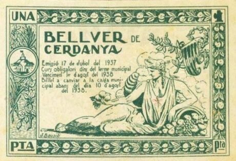 Реверс банкноты 1 peseta Belver de Cerdanha (Hiszpania) 1937