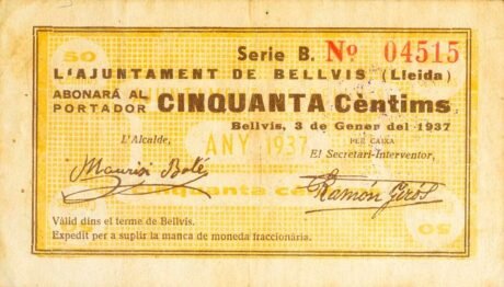 Аверс банкноты 50 сантимов Бельвис (Испания) 1937 года