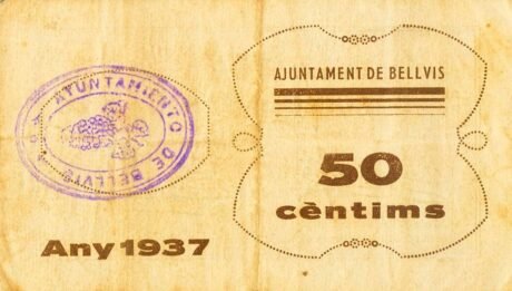 Реверс банкноты 50 сантимов Бельвис (Испания) 1937 года