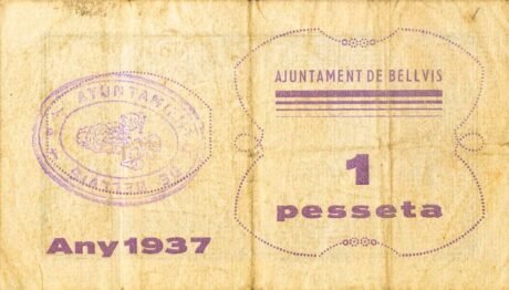 Реверс банкноты 1 песета Бельвис (Испания) 1937 года