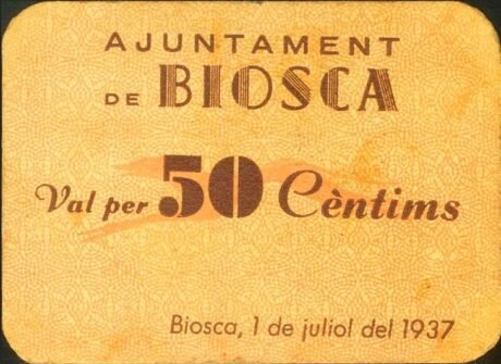 Аверс банкноты 50 centymów Biosca (Hiszpania) 1937