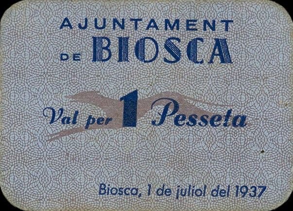 Аверс банкноты 1 Песета Биоска (Испания) 1937 года