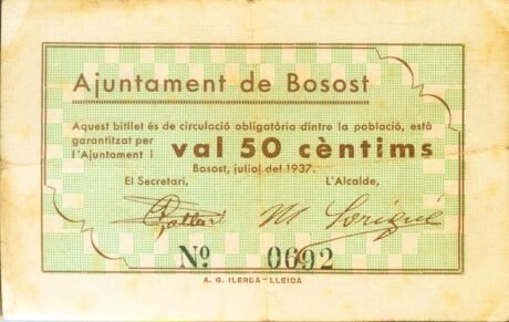 Аверс банкноты 50 сантимов Босост (Испания) 1937 года