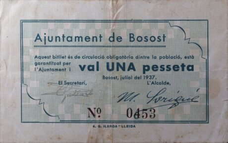 Аверс банкноты 1 песета Босост (Испания) 1937 года
