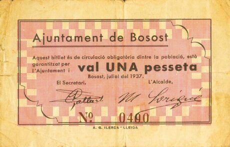 Аверс банкноты 1 песета Босост (Испания) 1937 года