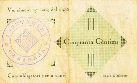 Реверс банкноты 50 centymów Camaras (Hiszpania) 1937