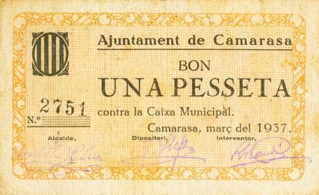 Аверс банкноты 1 peseta Camaras (Spain) 1937