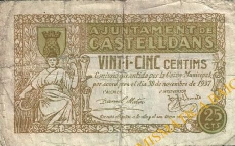Аверс банкноты 25 centymów Castelldans (Hiszpania) 1937