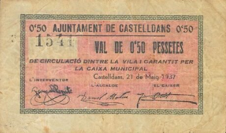Аверс банкноты 0,50 песетас Кастельданс (Испания) 1937 года