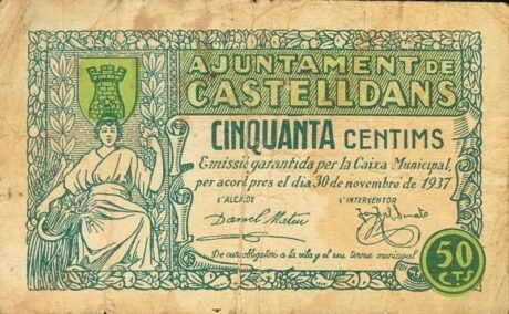 Аверс банкноты 50 сантимов Кастельданс (Испания) 1937 года