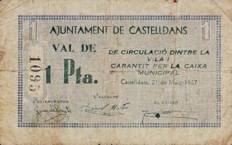 Аверс банкноты 1 peseta Castelldans (Hiszpania) 1937