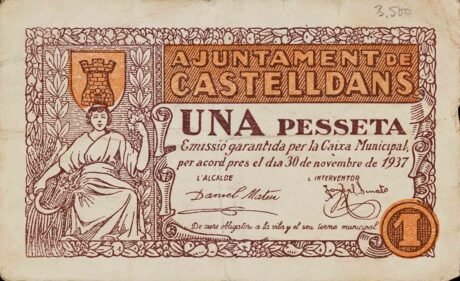 Аверс банкноты 1 peseta Castelldans (Hiszpania) 1937