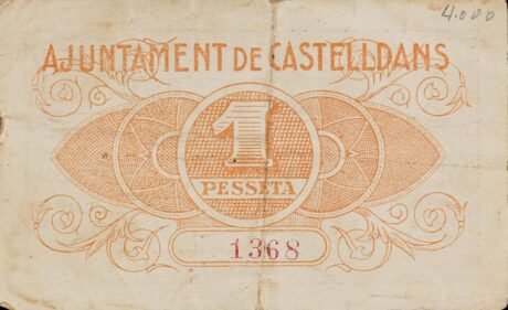 Реверс банкноты 1 peseta Castelldans (Hiszpania) 1937