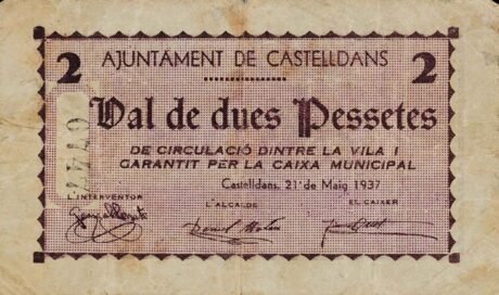 Аверс банкноты 2 peset Castelldans (Hiszpania) 1937