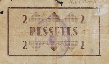 Реверс банкноты 2 peset Castelldans (Hiszpania) 1937