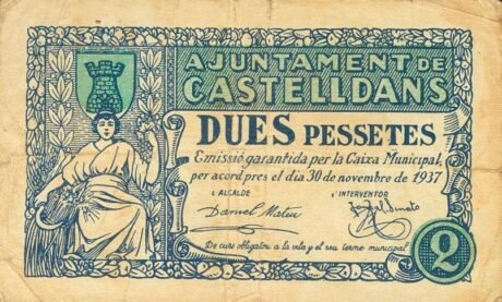 Аверс банкноты 2 peset Castelldans (Hiszpania) 1937