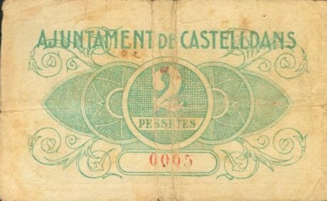 Реверс банкноты 2 peset Castelldans (Hiszpania) 1937