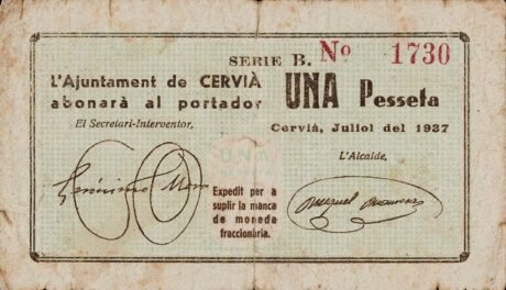 Аверс банкноты 1 песета Сервиа-де-лес-Гарригес (Испания) 1937 года