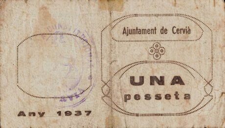 Реверс банкноты 1 песета Сервиа-де-лес-Гарригес (Испания) 1937 года