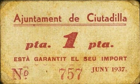 Аверс банкноты 1 peseta Ciudadilla (Hiszpania) 1937