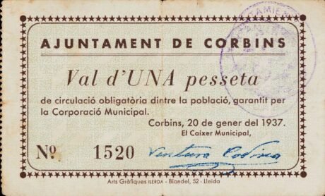 Аверс банкноты 1 peseta Corbins (Spain) 1937