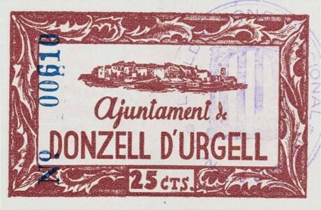 Реверс банкноты 25 сантимов Донзель д'Уржель (Испания) 1937 года
