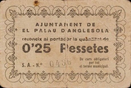 Аверс банкноты 0,25 pesety El Palau d'Anglesola (Hiszpania) 1937