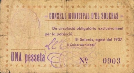 Аверс банкноты 1 песета Эль Солерас (Испания) 1937 года