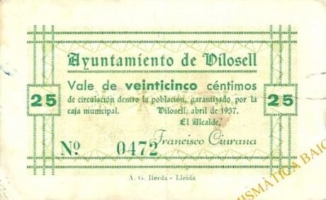 Аверс банкноты 25 centymów El Vilocell (Hiszpania) 1937