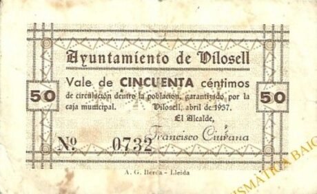 Awers banknotu 50 centymów El Vilocell (Hiszpania) 1937
