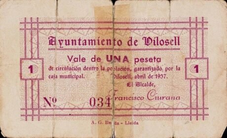 Аверс банкноты 1 Peseta El Vilocel (Hiszpania) 1937