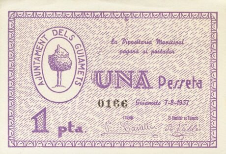Аверс банкноты 1 песета Эльс Гиамец (Испания) 1937 года