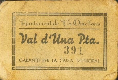 Аверс банкноты 1 peseta Els Omellons (Spain)