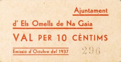 Awers banknotu 10 centymów Els Omels de na Gaia (Hiszpania) 1937