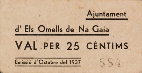 Аверс банкноты 25 centymów Els Omels de na Gaia (Hiszpania) 1937