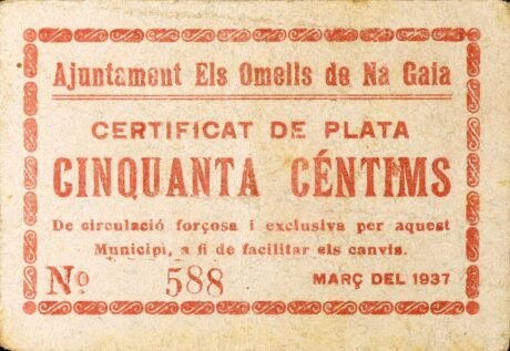 Аверс банкноты 50 centymów Els Omels de na Gaia (Hiszpania) 1937