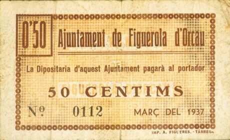 Аверс банкноты 50 сантимов Фигерола д'Оркау (Испания) 1937 года