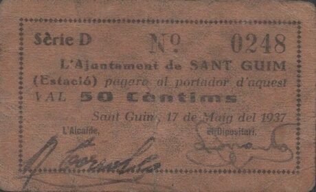 Аверс банкноты 50 Céntimos Freixanet – Stacja Sant-Gim (Hiszpania) 1937