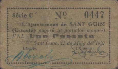 Аверс банкноты 1 peseta Freixanet – stacja Sant-Gim (Spain) 1937